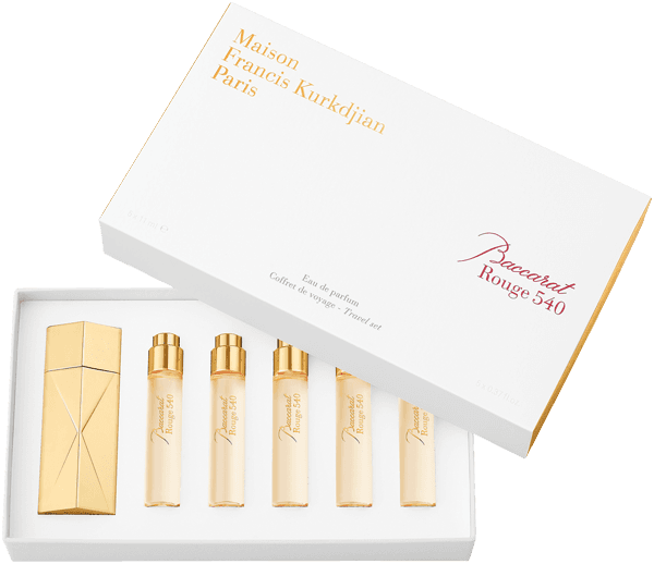 Maison Francis Kurkdjian Baccarat Rouge 540 Travel Set = Globe Trotter Travel Spray Case Golden Edition + 5x Eau de Parfum 11 ml