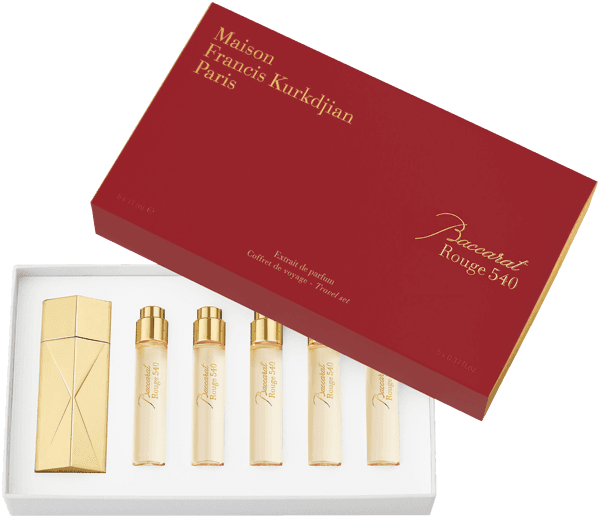 Maison Francis Kurkdjian Baccarat Rouge 540 Travel Set = Globe Trotter Travel Spray Case Golden Edition + 5x Extrait de Parfum 11 ml